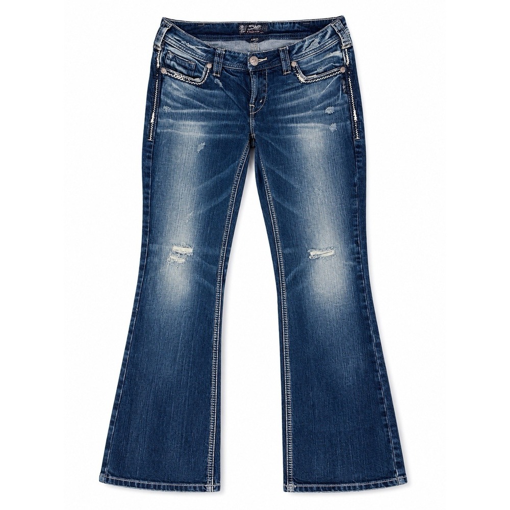 Silver Jeans Aiko Mid Boot W31 L33 Y2K Distressed Western Stretch Blue Denim
